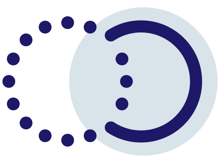 Mørkeblåt ikon med en halvcirkel forbundet til en hel cirkel bestående af prikker. Baggrunden er en forskudt lyseblå cirkel