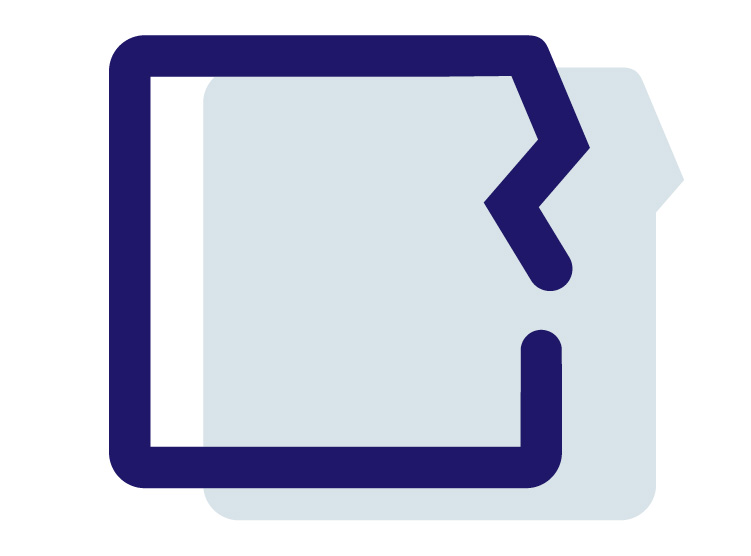 Mørkeblåt ikon. Et kvadrat med en sætningsskade i højre side.