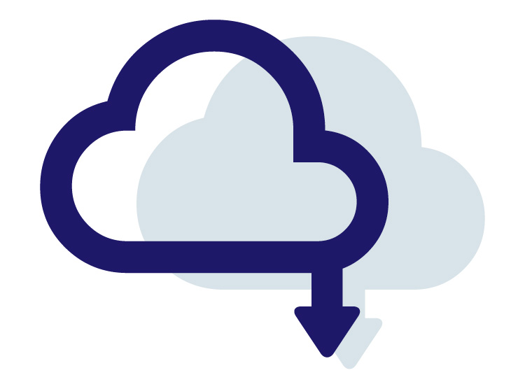 Ikon af en mørkeblå sky med en pil ned foran en lyseblå baggrund forskudt ned og til højre