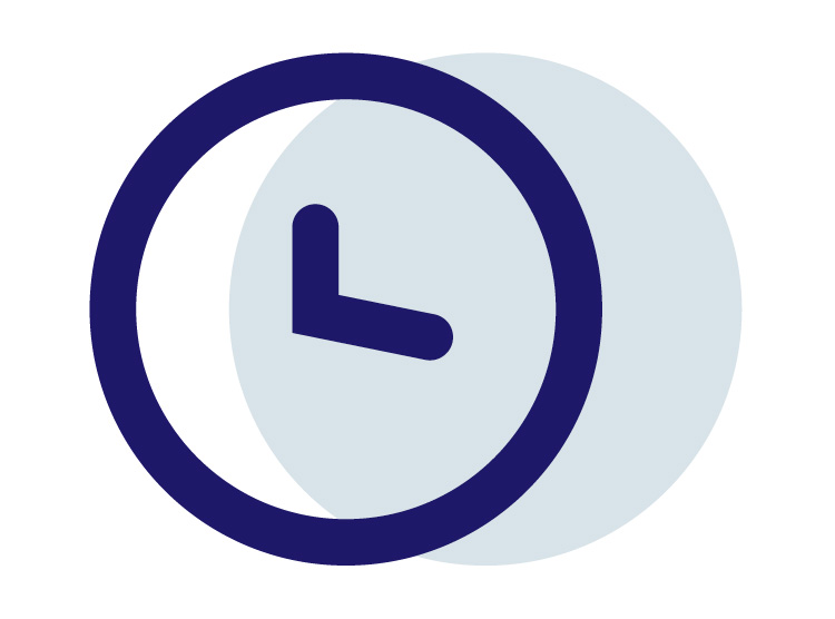 Mørkeblåt ikon med et ur på en forskudt lyseblå baggrund